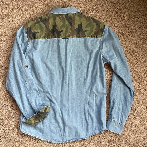 Stile Benetton 100% Cotton Blue Denim Chambray Camouflage Flip Cuff Shirt Mens L - Picture 1 of 6